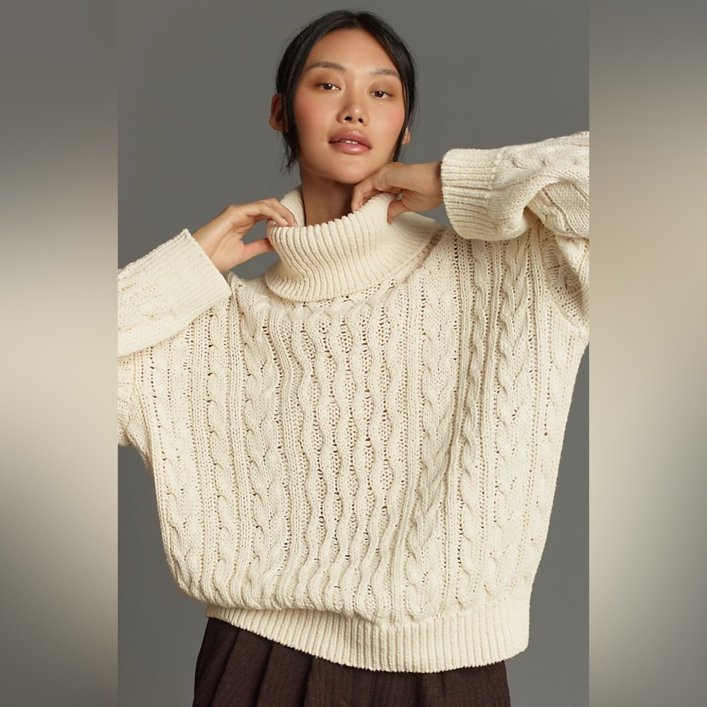 Anthropologie Pilcro Cable Knit Turtleneck Sweater, cream, oversized small